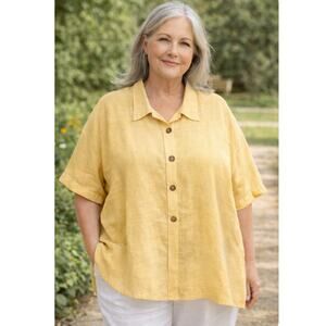 Blue Fish Vintage Linen Shirt Vintage Lagenlook Butter Yellow XXL coastal chic